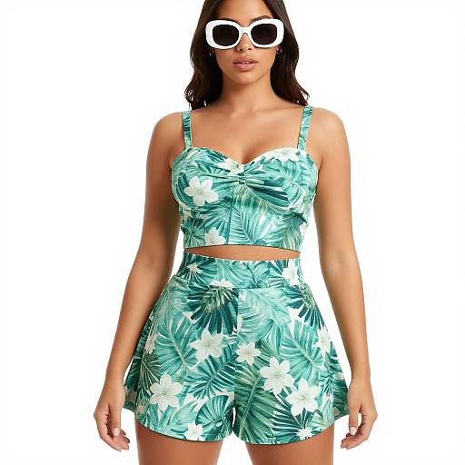 Photograph of a woman with medium brown skin and black wavy hair, wearing white sunglasses, a turquoise floral crop top, and matching high-wa