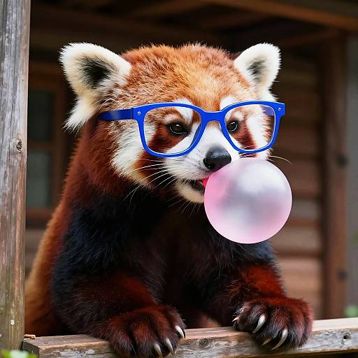 Red Panda Wearing Blue Glasses Blowing Bubblegum