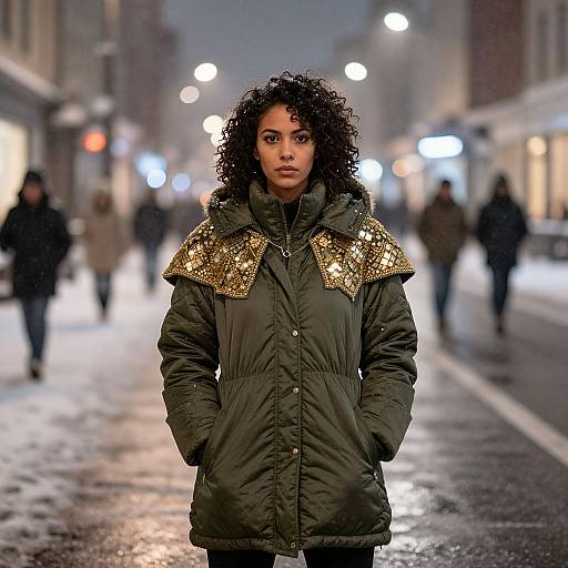 Photograph of a young woman with curly hair in a green parka with gold sequin shoulders, standing on a snowy urban street at night, with