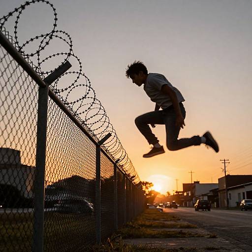 Silhouetted man jumping over chain-link fence with barbed wire at sunset, wearing casual clothes, on a suburban street. Photograph.