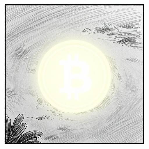 Black-and-white sketch with a bright, glowing white center surrounded by hatching lines and leaf-like shapes in the bottom left corner.