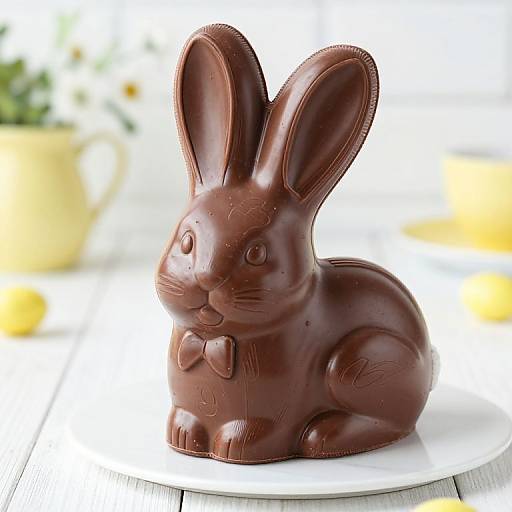 Photograph of a glossy, dark chocolate bunny with a bow tie, sitting on a white plate, against a softly blurred yellow and white background.