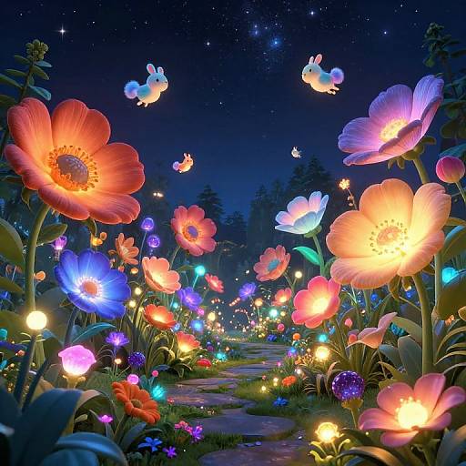 Digital artwork of a magical night garden with glowing, colorful flowers and luminescent butterflies, illuminated by starry sky and twinkling lights.