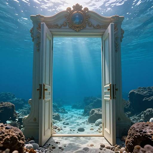 Photorealistic CGI of an ornate, white, open door set in an underwater scene with sunlight streaming through, surrounded by rocky coral reef.