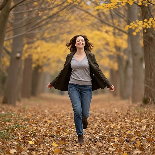 Woman Running Through Autumn Woodland