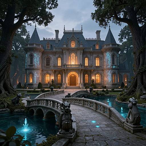 Photograph of a Gothic-style mansion at dusk, illuminated with warm yellow lights and blue neon patterns, surrounded by a lush garden with a stone bridge and
