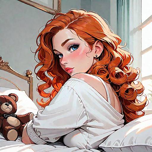 Curly Ginger Woman with Toys on Bed