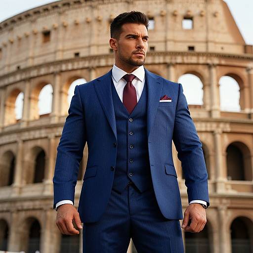Muscular Man in Pinstripe Suit at Colosseum