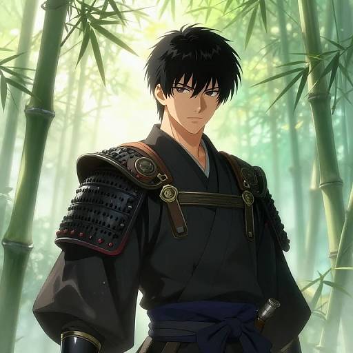 Digital anime-style illustration of a serious, black-haired samurai with black armor and kimono, standing in a sunlit bamboo forest.