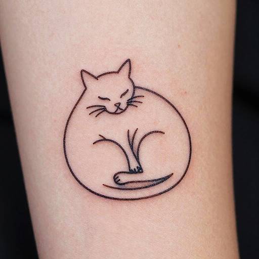 Elegant Thin Line Curled Cat Tattoo
