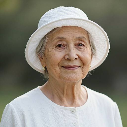 Photograph of an elderly Asian woman with wrinkled skin, wearing a white sunhat and matching white blouse, smiling gently, set against a blurred green