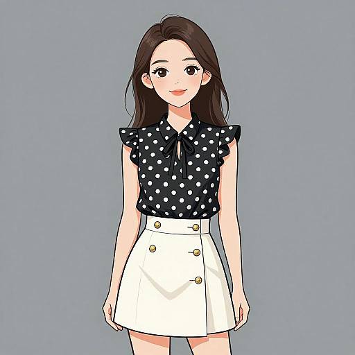 Digital anime-style drawing of a smiling young woman with long brown hair, wearing a black polka dot blouse and white high-waisted skirt with gold