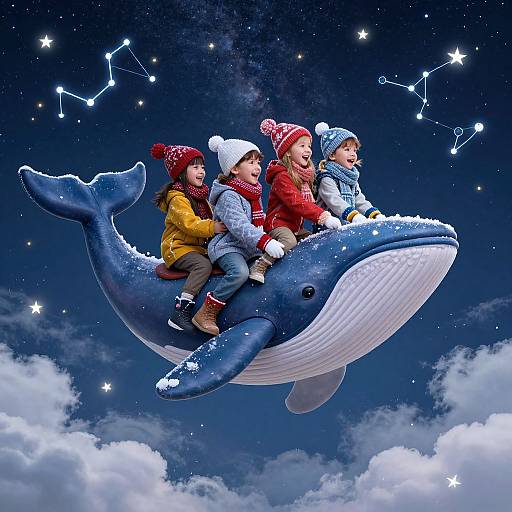 Children Riding Whale in Winter Sky