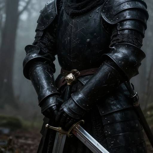 Photograph of a medieval knight in dark, wet, armored plate holding a sword in a foggy forest, with trees visible in the background.