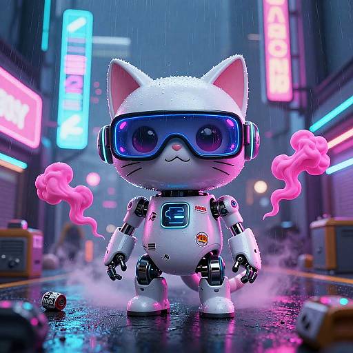 CGI image of a cute white robotic cat with large purple goggles, standing in a neon-lit, rainy urban street, emitting pink smoke. Neon