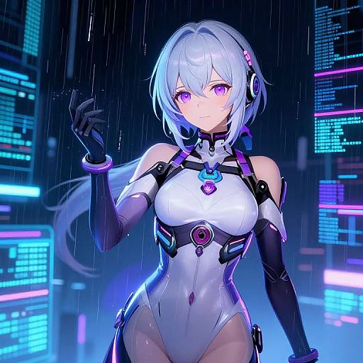 Digital anime artwork of a white-haired, purple-eyed, cybernetic woman in a white and black bodysuit, standing in a rainy, neon