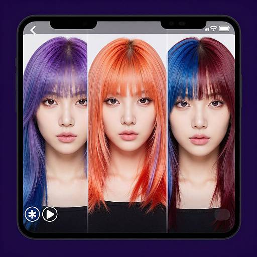 Photograph of a smartphone screen showing three side-by-side portrait selfies of an East Asian woman with vibrant purple, orange, and blue hair.