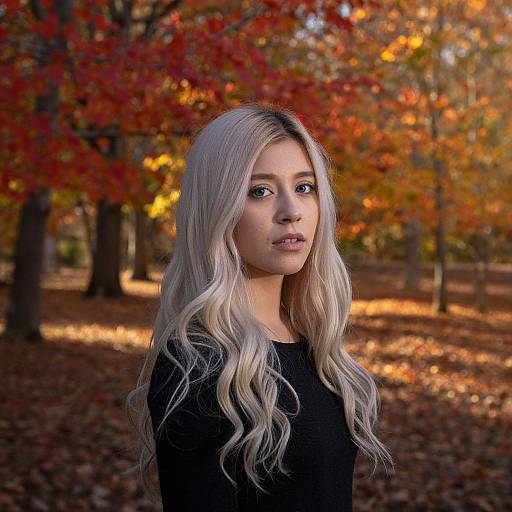 Photograph of a young woman with long, wavy platinum blonde hair, wearing a black top, standing in an autumn forest with vibrant red and orange