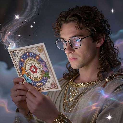 Photograph of a curly-haired, glasses-wearing man in medieval garb holding a mystical, star-filled, ornate tarot card with smoke and