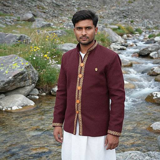 Photograph of a young South Asian man with dark hair and beard, wearing a maroon traditional kurta with intricate orange patterns and white pants, standing