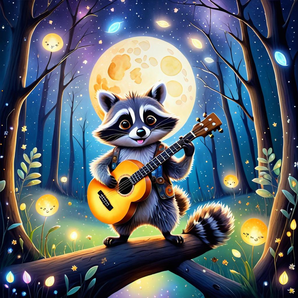 Cheerful Raccoon Serenade in Moonlight