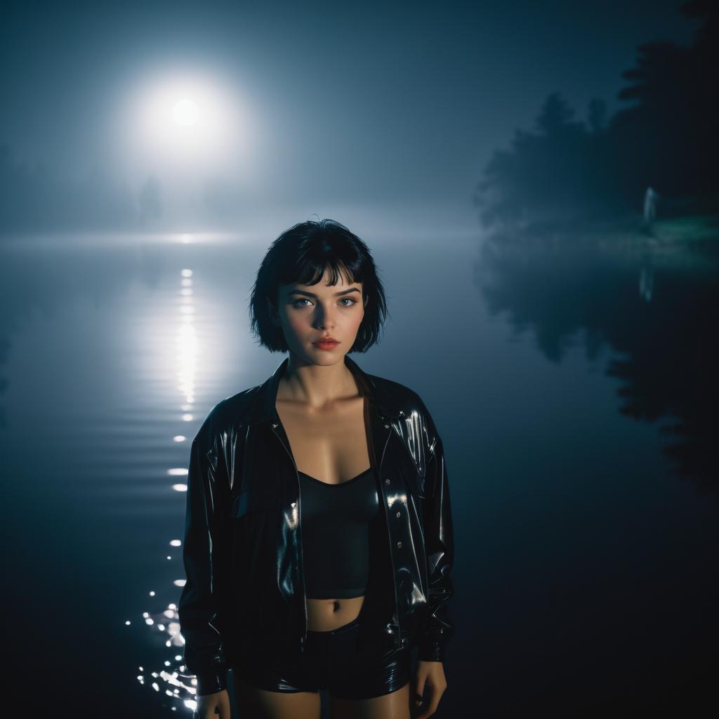 Cinematic Nighttime Lake Scene with Young Woman