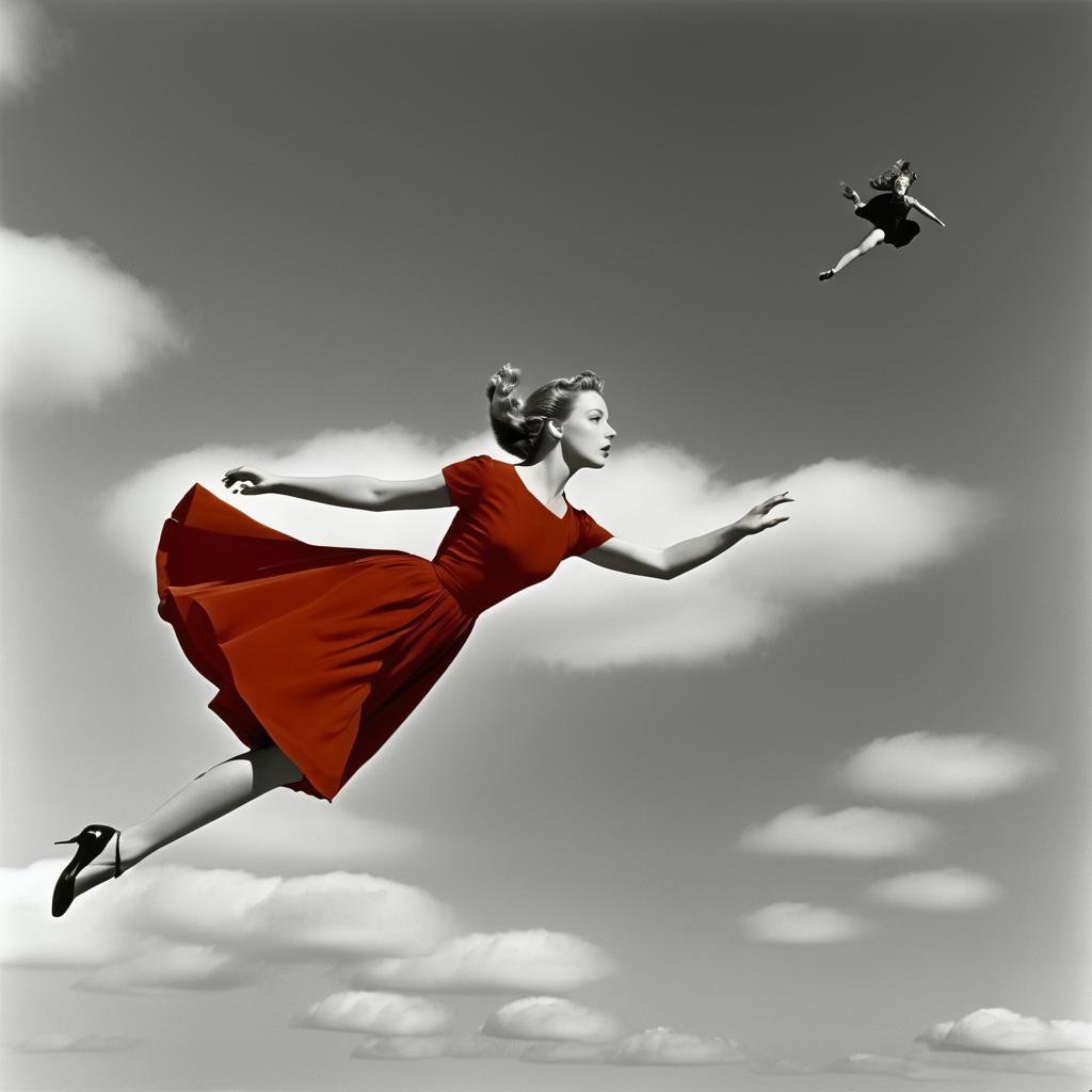 Girl in Red Dress Soaring Through Air