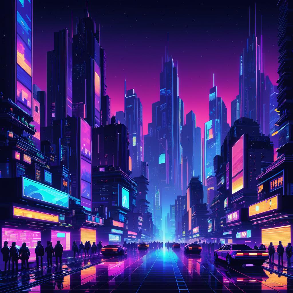 Vibrant Cyberpunk City Pixel Art Scene