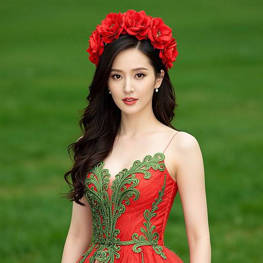 Photorealistic digital portrait of an Asian woman with long black hair, wearing a red floral headpiece, and a red dress with green embroidery, standing