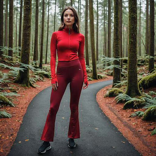 Vibrant Athleisure in a Misty Forest