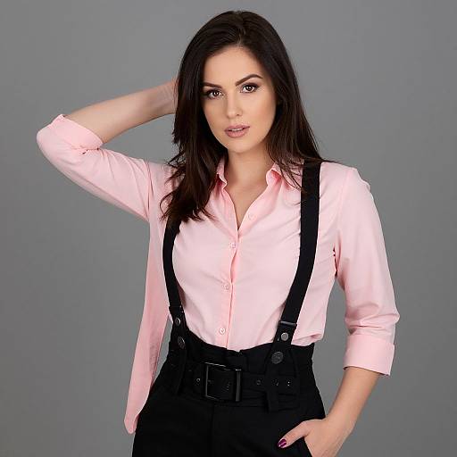 Woman Posing in Pink Shirt and Suspenders