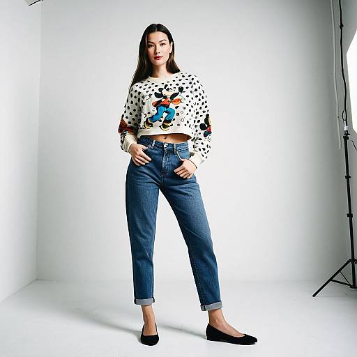 Stylish woman in retro cartoon sweatshirt and high-waisted jeans