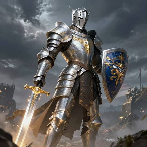 Digital art of a gleaming, armored knight with a sword and shield, standing in a stormy battlefield with dark, dramatic skies.