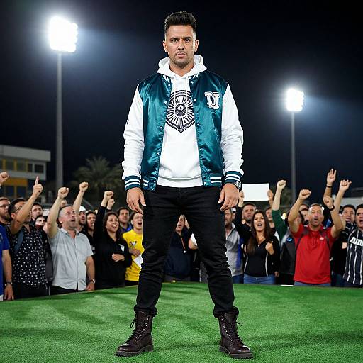 Photograph of a muscular man in a white hoodie and green varsity jacket standing on a grass field, surrounded by cheering crowd under bright stadium lights at