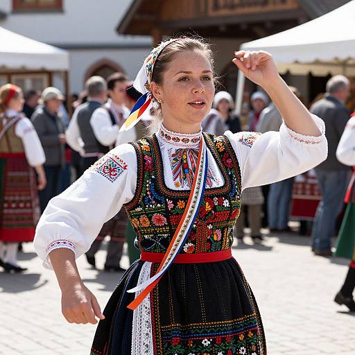 Photograph of a young woman in traditional Eastern European folk dress, performing a dance outdoors, with colorful embroidered details and a white headscarf, surrounded