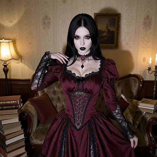 Gothic woman with pale skin, black lipstick, long black hair, wearing a dark red lace corset dress, stands in a dimly lit