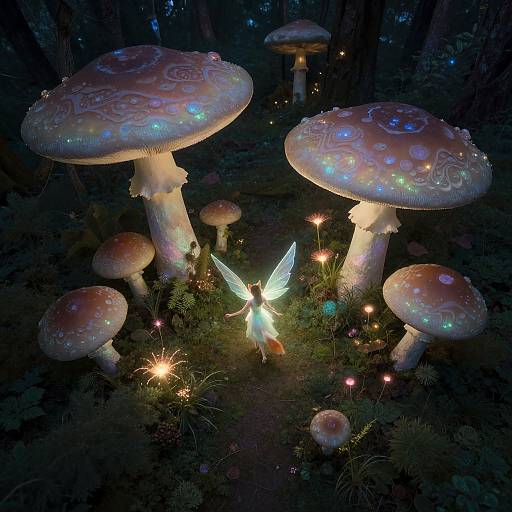 Photograph of a glowing fairy with iridescent wings, surrounded by illuminated, bioluminescent mushrooms in a dark, enchanted forest.