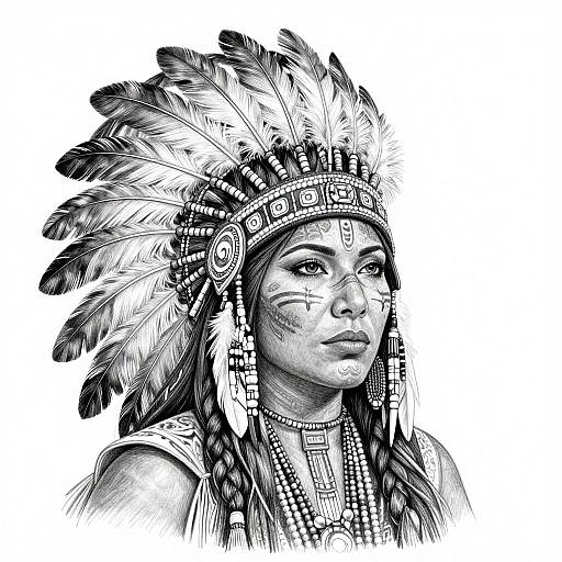 Monochrome digital drawing of a Native American woman with detailed feather headdress, braided hair, and beaded jewelry, gazing forward.