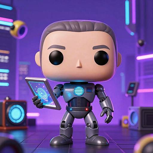CGI chibi-style robot figure with large black eyes, holding a holographic tablet, standing in a neon-lit futuristic lab.