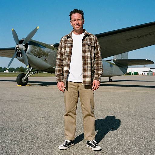 Photograph of a smiling man with short dark hair, wearing a plaid jacket, white shirt, beige pants, and black sneakers, standing in front