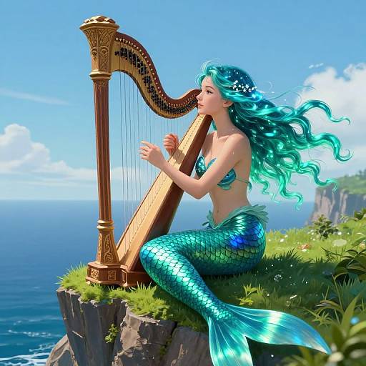 Digital art: Mermaid with green-blue scales and flowing turquoise hair plays a golden harp on a cliff overlooking a bright blue ocean.