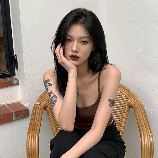 Portrait of Tattooed Woman in Wicker Chair