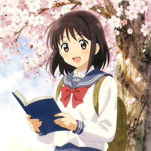 Anime-style digital drawing of a cheerful, brown-eyed girl with black hair, wearing a sailor school uniform, holding a book under cherry blossoms.