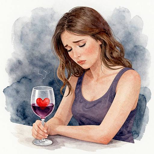 Watercolor illustration of a sad woman with long brown hair, wearing a dark tank top, holding a wine glass with a red heart in the wine,