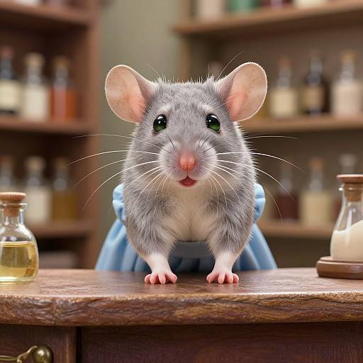CGI image of a gray, fluffy mouse with pink ears and nose, wearing a blue dress, standing on a wooden table in a blurred, rustic
