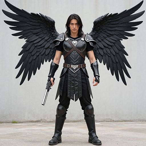 Photograph of a muscular man with long black hair, black angel wings, and black armor, holding a gun, standing confidently.