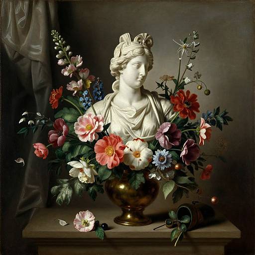 Photograph of a white marble bust of a woman with an elaborate bouquet of colorful flowers, including pink, red, and blue blooms, in a gold