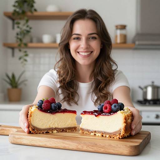 Photograph of a smiling woman with long brown hair in a white shirt, holding a wooden board with two cheesecakes topped with berries, in a