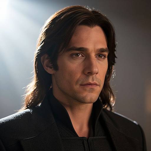 Photograph of a serious-looking, middle-aged man with long brown hair, wearing a black shirt, illuminated by soft light from the background.