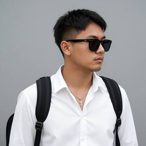 Photograph of a young Asian man with short black hair, wearing black sunglasses, white shirt, black backpack, and silver cross necklace, looking to the